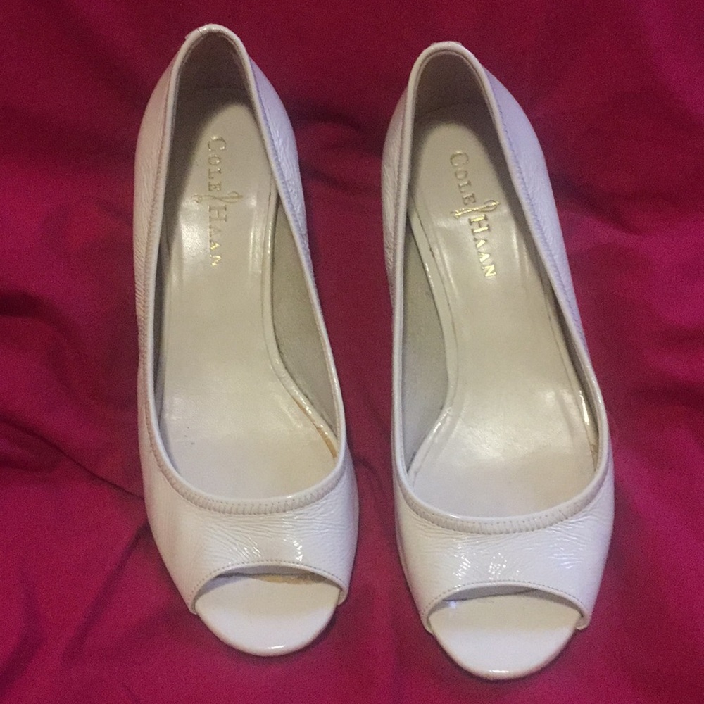 Cole Haan white patent leather open toe wedges!